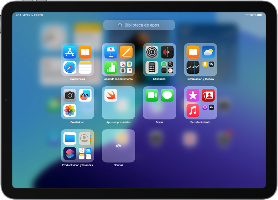 Biblioteca de apps en el iPad con las apps organizadas por categorías (Entretenimiento, “Productividad y finanzas”, etc.).