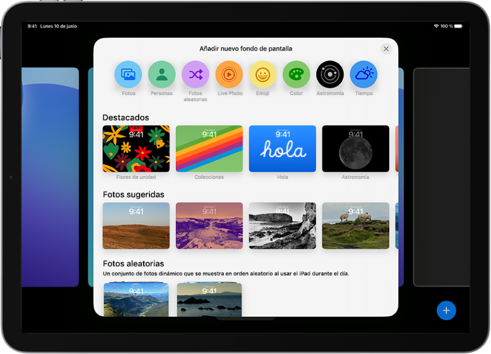 Pantalla “Añadir nuevo fondo de pantalla” con una galería de opciones de fondo de pantalla para personalizar la pantalla de bloqueo del iPad, en categorías como Destacado y “Fotos sugeridas”. En la parte superior están los botones para añadir fotos, personas, fotos aleatorias, emojis y un fondo de pantalla del tiempo a la pantalla de bloqueo.