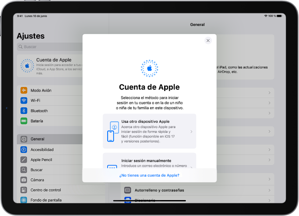 Pantalla de ajustes con el cuadro de diálogo de inicio de sesión en la cuenta de Apple en mitad de la pantalla.