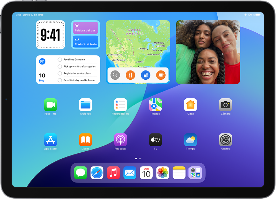 Captura de pantalla con un ejemplo de la pantalla de inicio por omisión que viene con iPadOS 18.