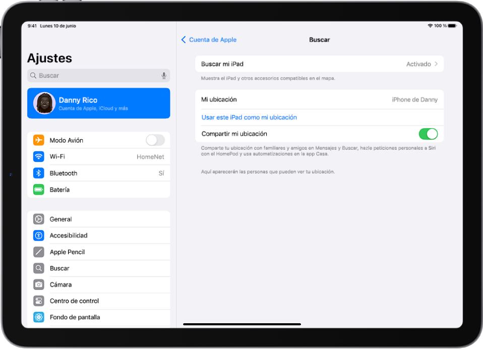 Una pantalla muestra los ajustes de la app Buscar con opciones para activar “Buscar mi iPad” y “Compartir mi ubicación”.