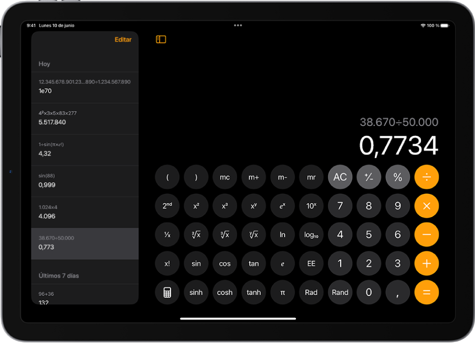 Historial de cálculos en el iPad.