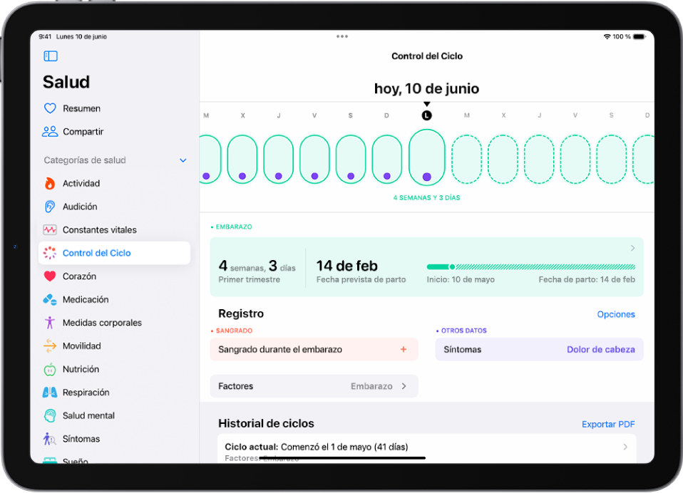 Pantalla “Control del ciclo” con una línea de tiempo de embarazo de una semana en la parte superior de la pantalla. Los óvalos verdes claros y los puntos morados marcan los primeros 7 días en la línea de tiempo. Los óvalos verde claros con la línea discontinua marcan los demás días de la línea de tiempo. Debajo de la línea está el resumen del embarazo que muestra la edad gestacional, la fecha de inicio y la fecha prevista de parto. Debajo de la línea de tiempo hay opciones para añadir información sobre sangrado durante el embarazo, síntomas, etc.