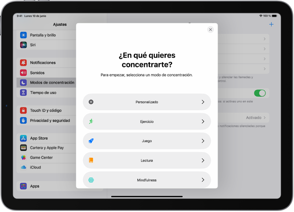 Pantalla de configuración de los modos de concentración para las opciones de concentración adicionales proporcionadas, entre las que se incluyen Personalizado, Ejercicio, Juego, Mindfulness y Lectura.