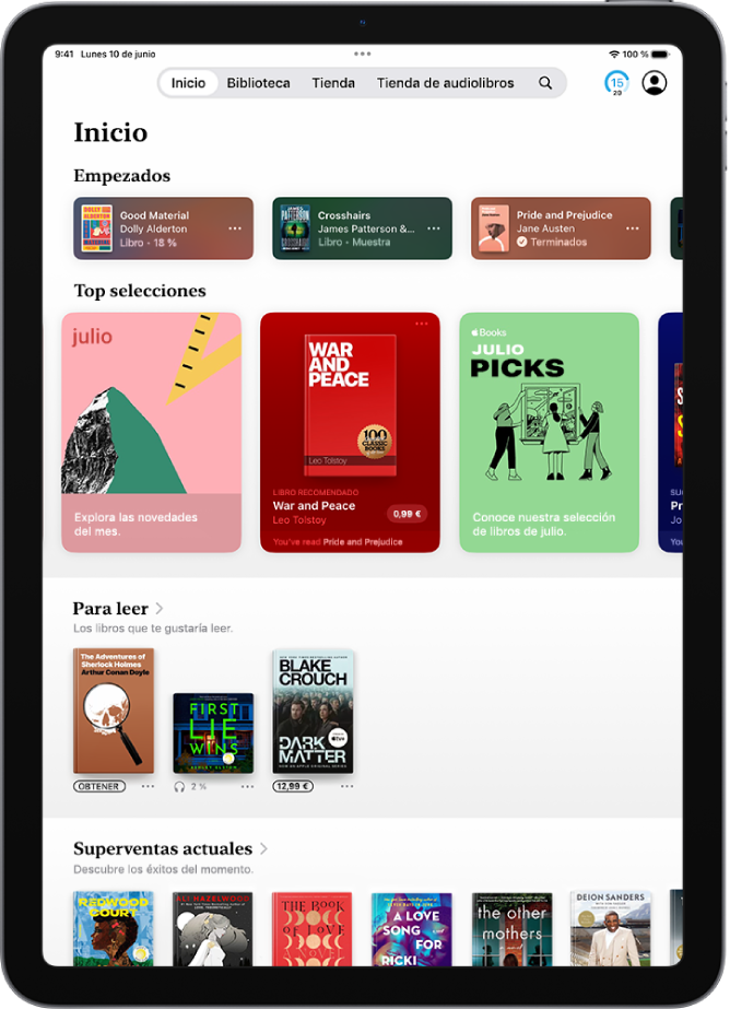 Pantalla de inicio en la app Libros con las secciones Actual, Recientes y “Para leer”.