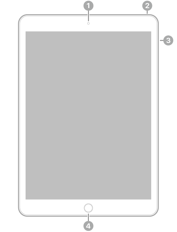Vista frontal del iPad, con textos sobre la cámara delantera en la parte superior central, el botón superior arriba a la derecha, los botones de volumen a la derecha y el botón de inicio/Touch ID en la parte inferior central.