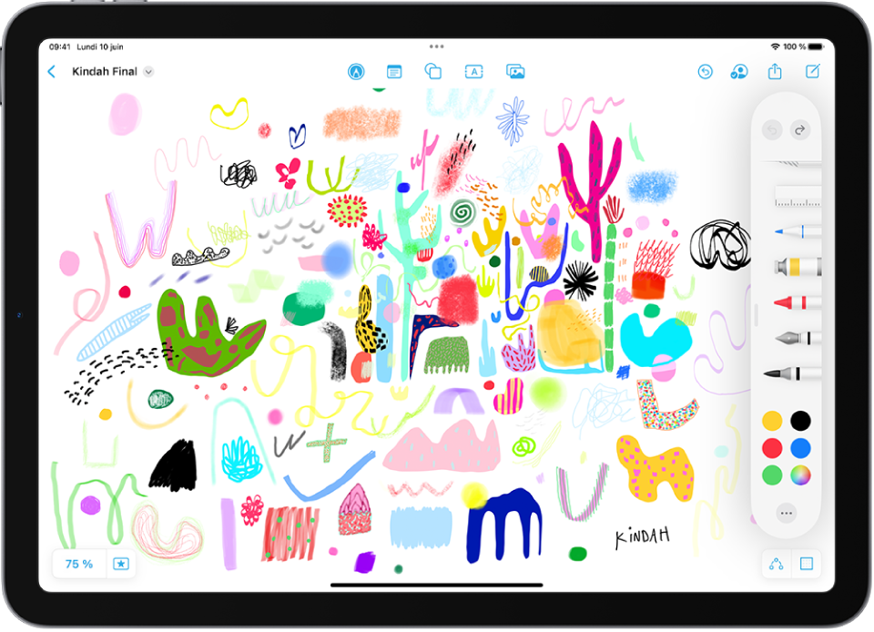 Un iPad avec l’app Freeform et le menu des outils de dessin correspondants ouvert. Le tableau comprend l’écriture et les dessins.