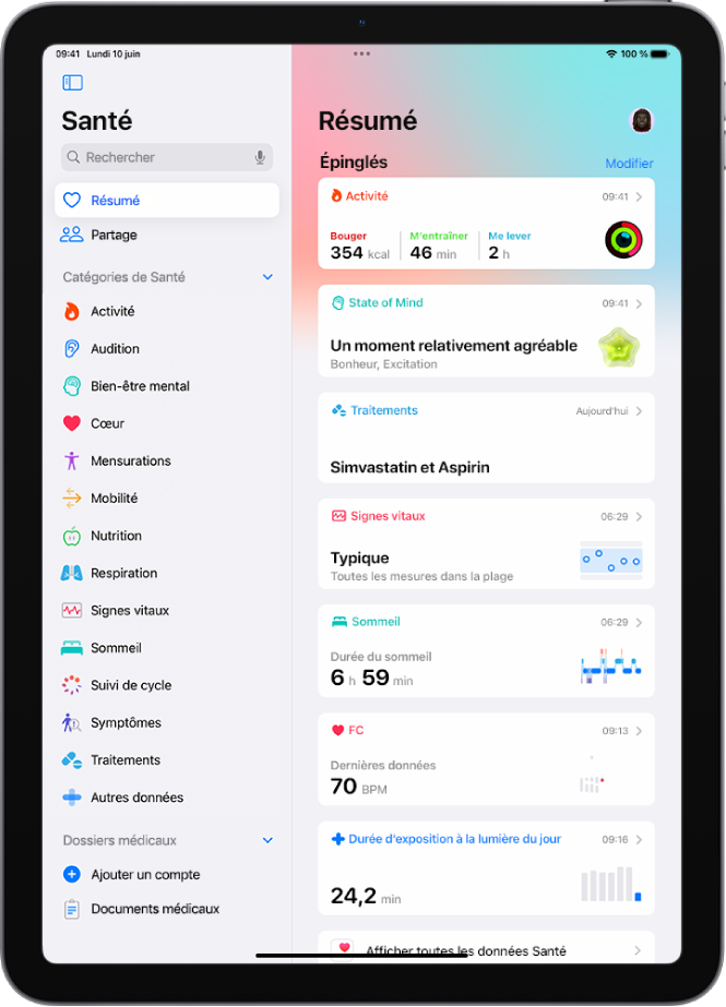 L’écran Résumé de Santé. Les informations relatives à l’activité, à l’état d’esprit, aux signes vitaux, au sommeil, à la fréquence cardiaque et à la durée d’exposition à la lumière du jour s’affichent sous Épinglés.