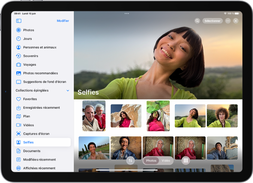 La collection Selfies est ouverte dans l’app Photos.
