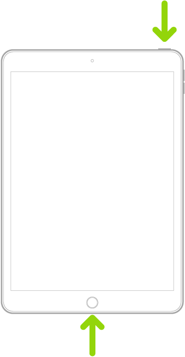 Un iPad avec un bouton principal. Des flèches pointent en direction du bouton principal et du bouton supérieur.