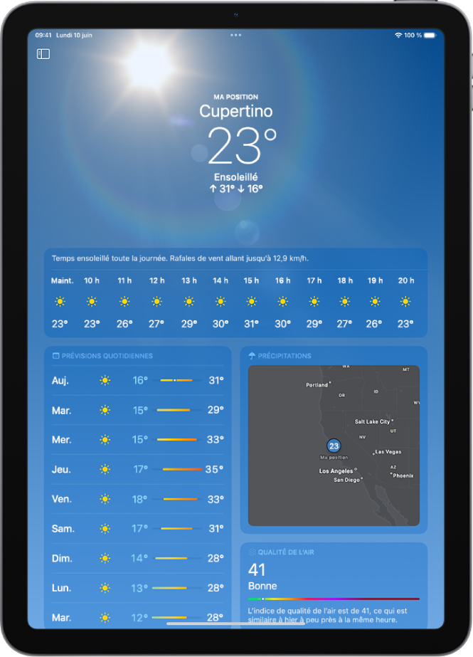 L’écran Météo affichant le lieu, la température actuelle, les températures minimales et maximales du jour, les prévisions heure par heure ainsi que celles des dix prochains jours sur le côté gauche de l’écran, et une carte des précipitations et une échelle de la qualité de l’air sur le côté droit de l’écran.