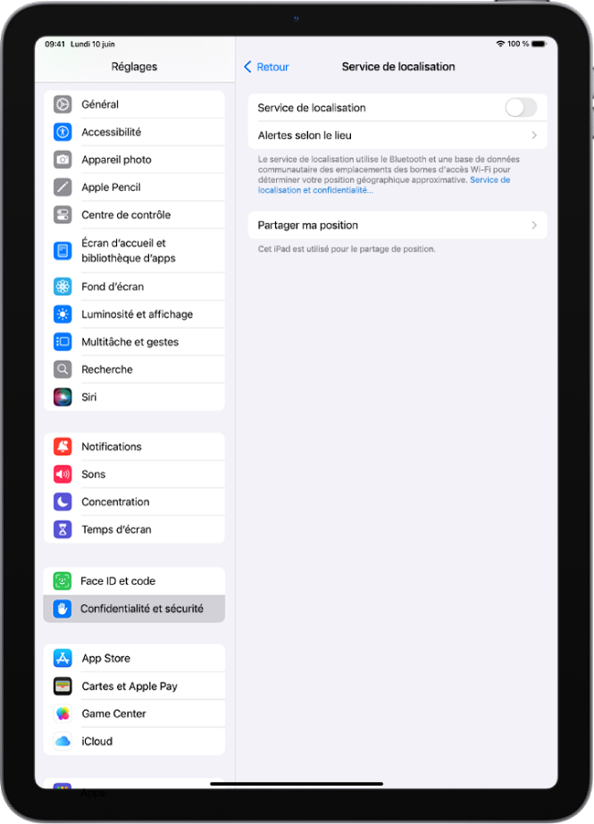 L’écran « Services de localisation », avec des réglages permettant de partager la position de votre iPad avec des apps.