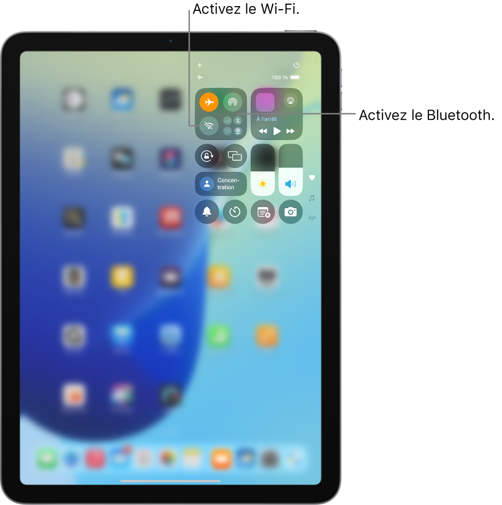 Le centre de contrôle de l’iPad au sein duquel le mode Avion est activé. Les boutons pour activer le Wi-Fi et le Bluetooth se trouvent près de l’angle supérieur gauche du centre de contrôle.