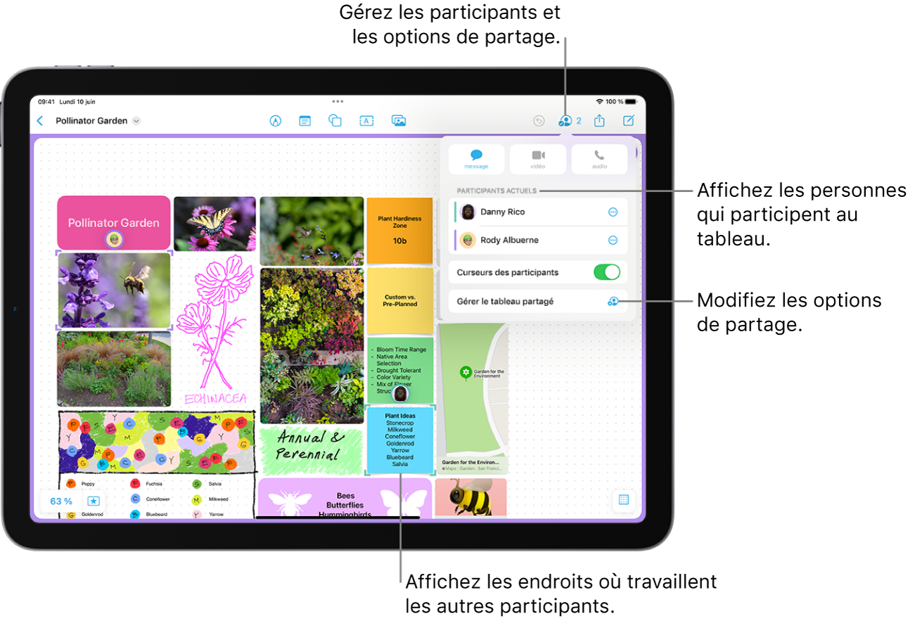 Un tableau Freeform partagé avec le menu de collaboration ouvert et l’emplacement d’un autre participant sur le tableau représenté avec des coches violettes.