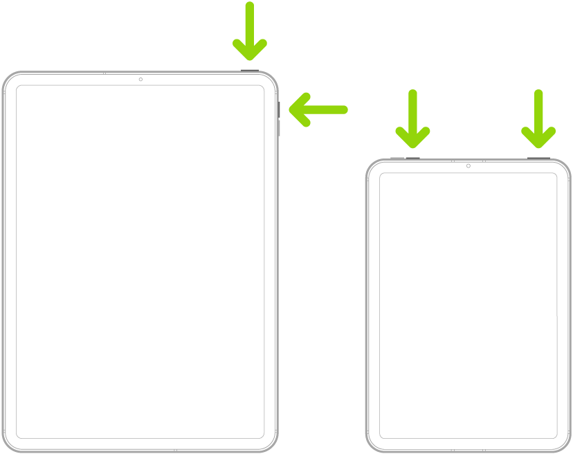 Deux modèles d’iPad : Les deux modèles d’iPad disposent d’un bouton supérieur ; un modèle d’iPad a les boutons de volume sur le côté et l’autre a les boutons de volume en haut. Des flèches pointent en direction des boutons supérieurs et des boutons de volume.