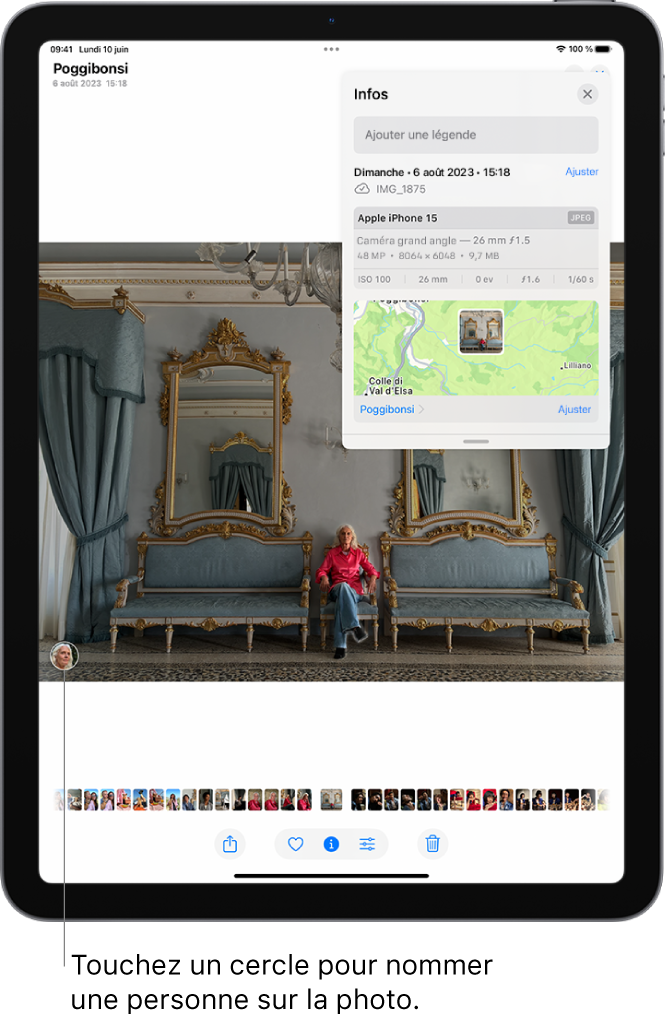 L’écran de l’iPad présente une photo ouverte dans l’app Photos. Dans le coin inférieur gauche de la photo se trouve une vignette avec le nom de la personne qui y figure.