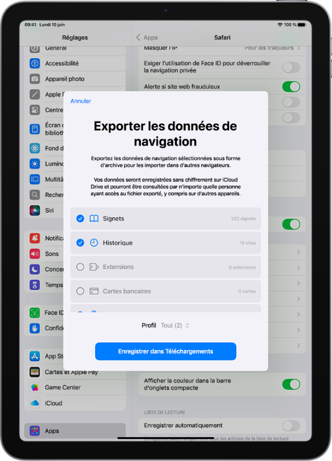 L’écran Exporter les données de navigation, affichant les données que vous pouvez exporter depuis Safari vers un autre navigateur.