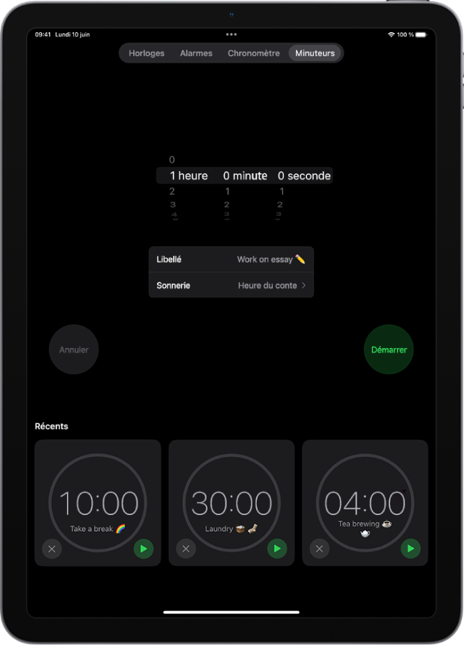 L’onglet Minuteurs affichant les réglages pour définir un minuteur. Un minuteur créé récemment est situé sous les réglages du minuteur. Les boutons Horloges, Alarme, Chronomètre et Minuteurs se trouvent en bas de l’écran.