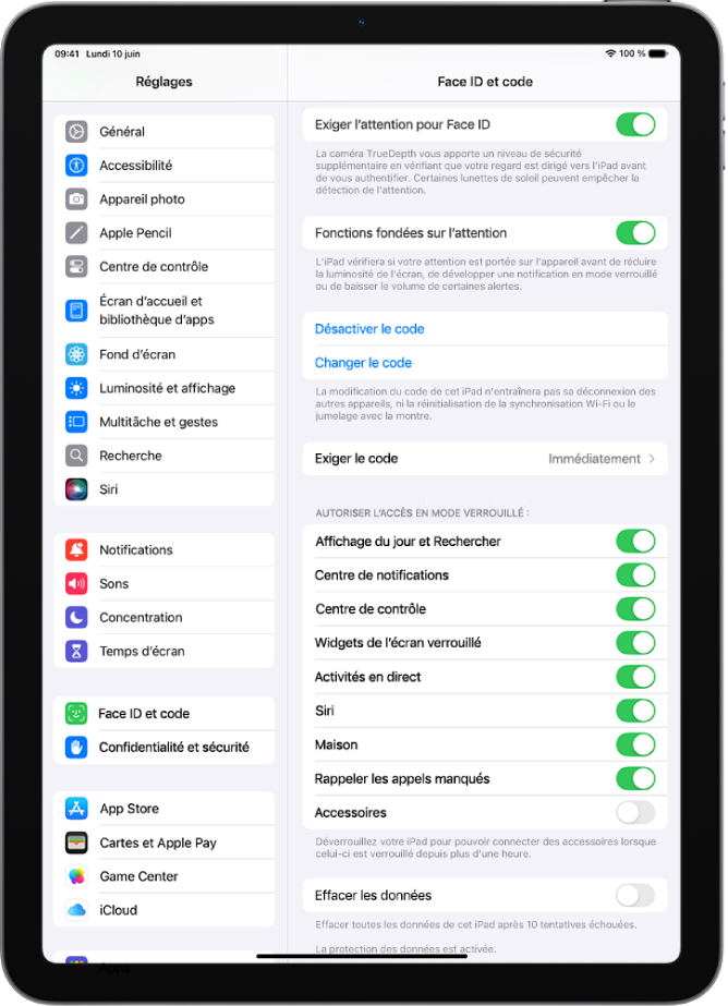 Réglages « Touch ID et code », avec des options permettant d’accéder à des fonctionnalités spécifiques lorsque l’iPad est verrouillé.