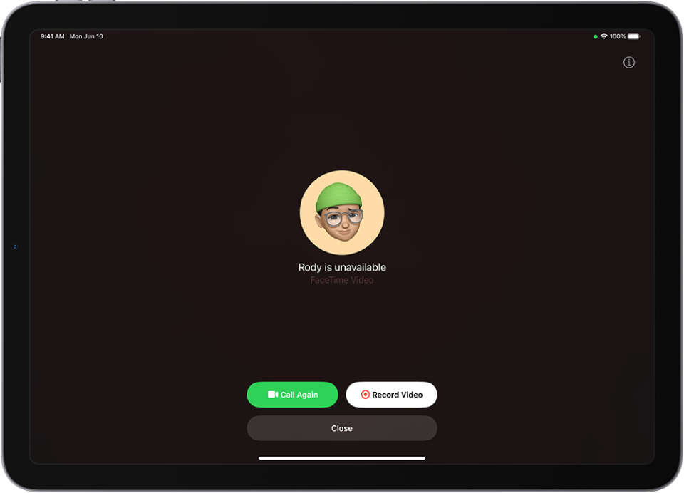 Layar Rekam Video, menampilkan bahwa orang yang Anda dipanggil tidak tersedia. Layar meliputi tombol Panggil Lagi dan tombol Rekam Video yang dapat Anda ketuk untuk merekam pesan video.