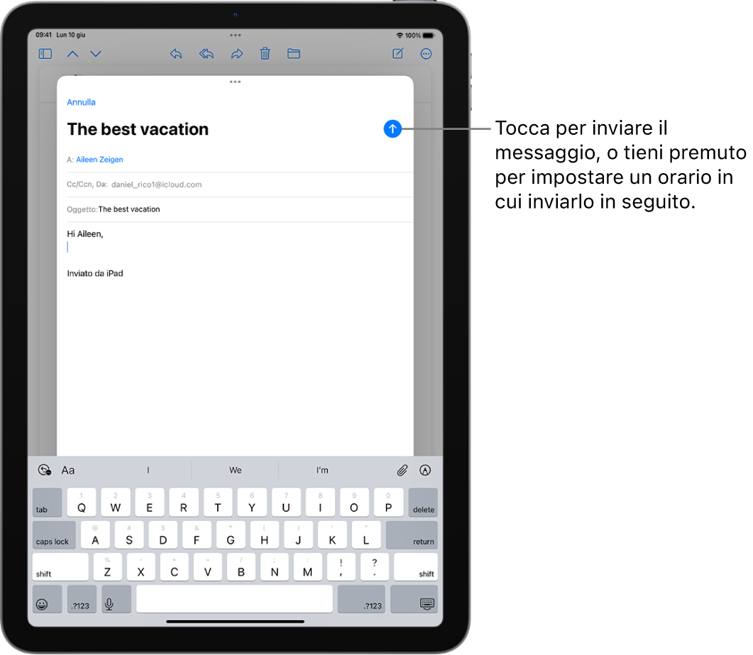 La bozza di un’email aperta nell’app Mail. Nell’angolo in alto a destra è presente il pulsante per inviare il messaggio. Toccalo per inviare il messaggio o tienilo premuto per programmare un orario per inviarlo più tardi.