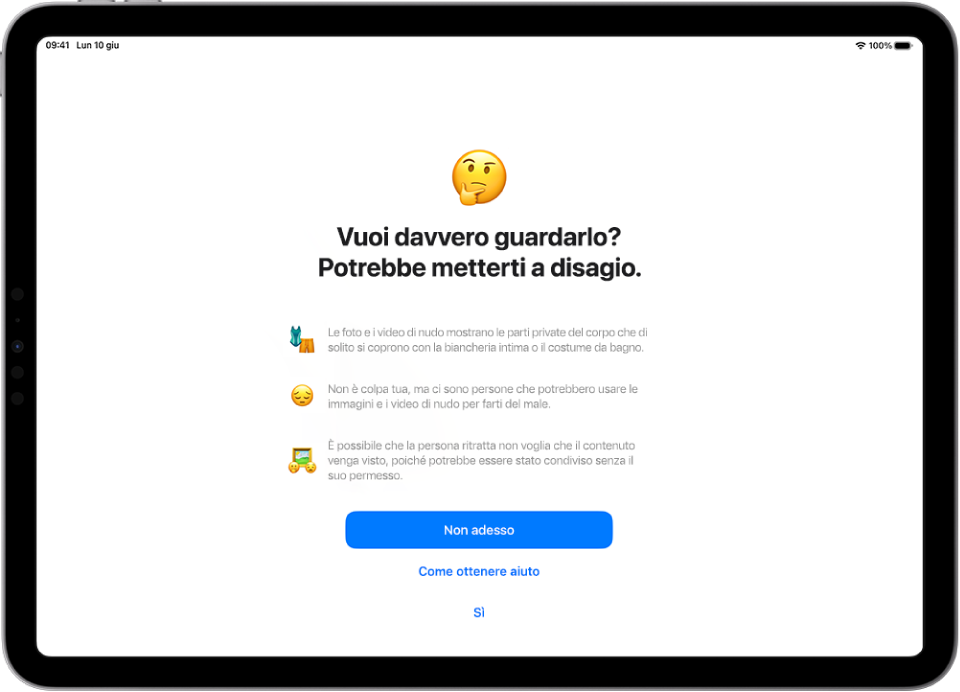Una schermata che avvisa che un messaggio potrebbe includere immagini con contenuti sensibili. In basso sono presenti delle opzioni per ottenere aiuto o chiudere l’avviso.