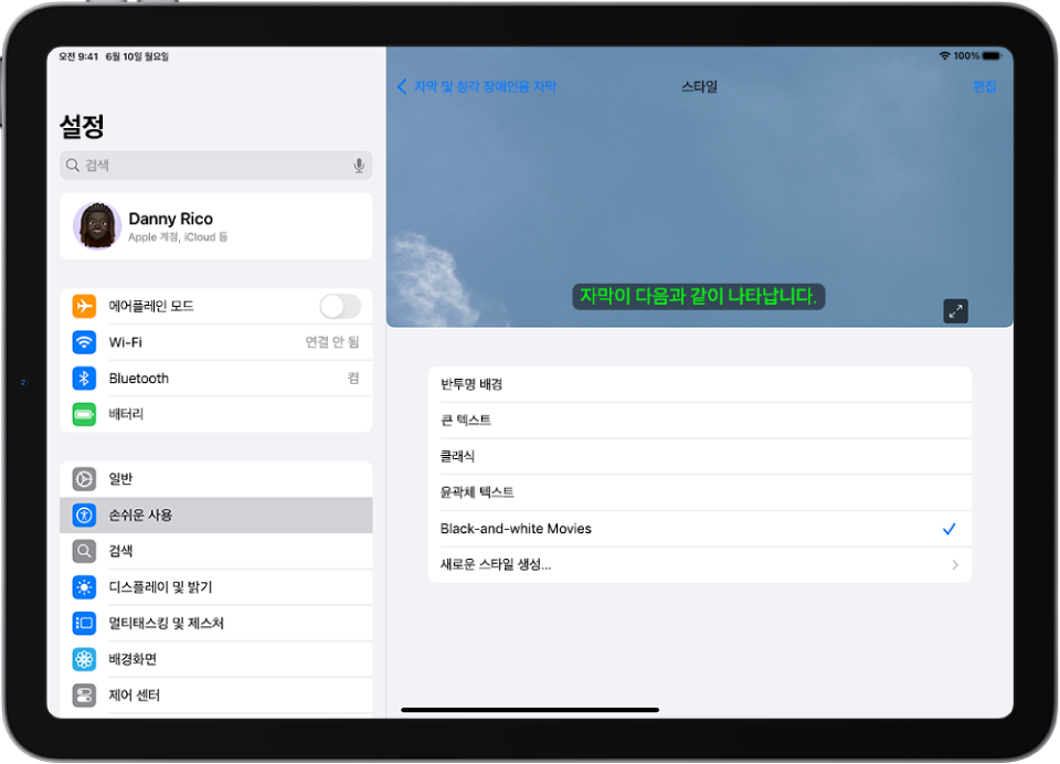 사용자 설정 스타일이 적용된 자막의 예가 표시되어 있는 iPad.