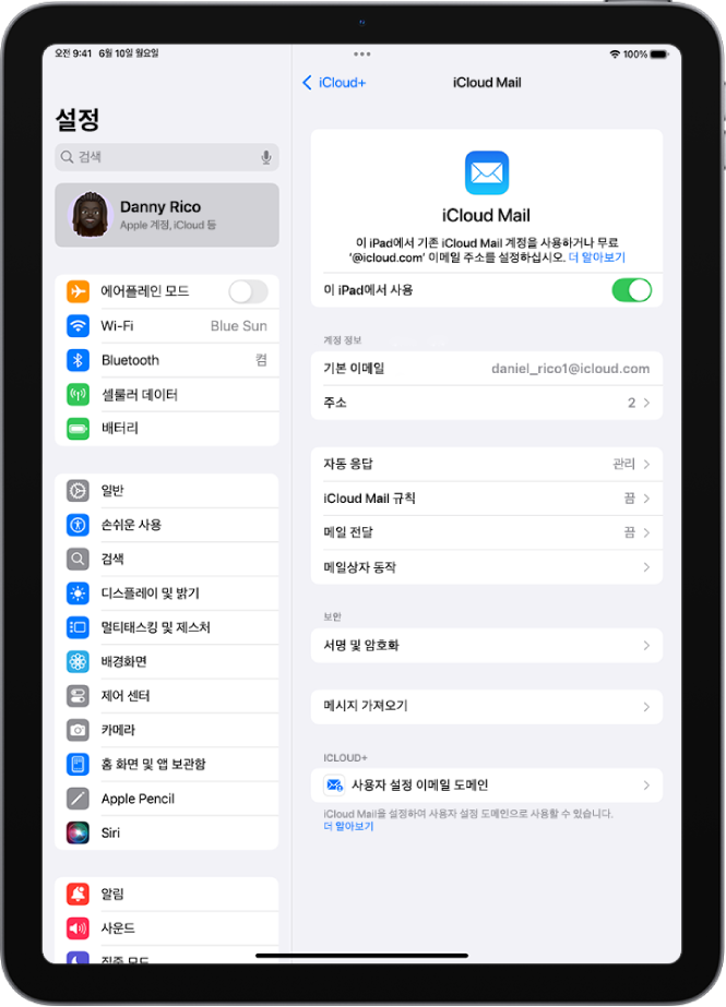 iCloud Mail 화면이 열려 있는 설정 앱. 메뉴 하단에 사용자 설정 이메일 도메인이 있음.