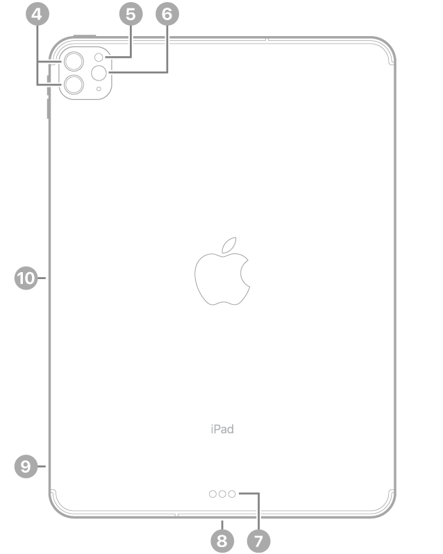 왼쪽 상단의 후면 카메라 및 플래시, 하단 중앙의 Smart Connector 및 USB-C 커넥터, 왼쪽 하단의 SIM 트레이(Wi-Fi + Cellular), 왼쪽의 Apple Pencil 마그네틱 커넥터 설명이 있는 iPad Pro 후면.