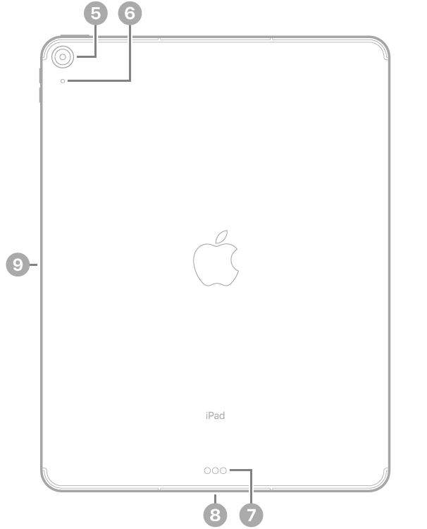 왼쪽 상단의 후면 카메라 및 마이크, 하단 중앙의 Smart Connector 및 USB-C 커넥터, 왼쪽의 Apple Pencil 마그네틱 커넥터 설명이 있는 iPad Air 후면.