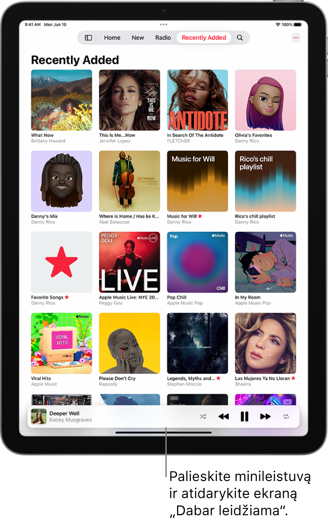 Ekrane „Neseniai įtraukta į biblioteką“ rodomas „MiniPlayer“ prie apačios. „MiniPlayer“ rodo šiuo metu leidžiamos dainos pavadinimą. Mygtukai „Pristabdyti“ ir „Tolesnis takelis“ yra į dešinę nuo dainos pavadinimo.