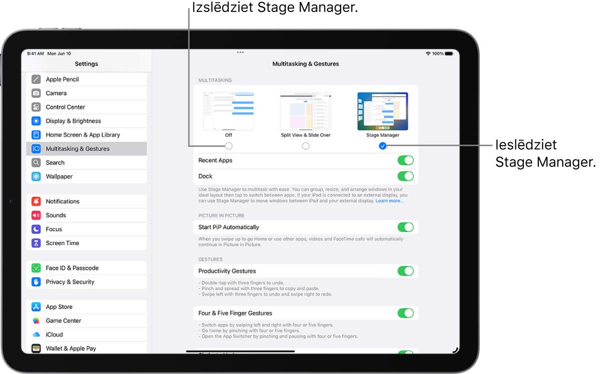 Ekrānā Settings, kurā var ieslēgt vai izslēgt State Manager.