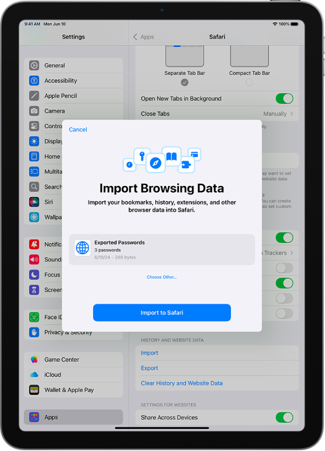 Skrin Import Data Pelayaran menunjukkan fail CSV kata laluan daripada pengurus kata laluan lain untuk diimport.