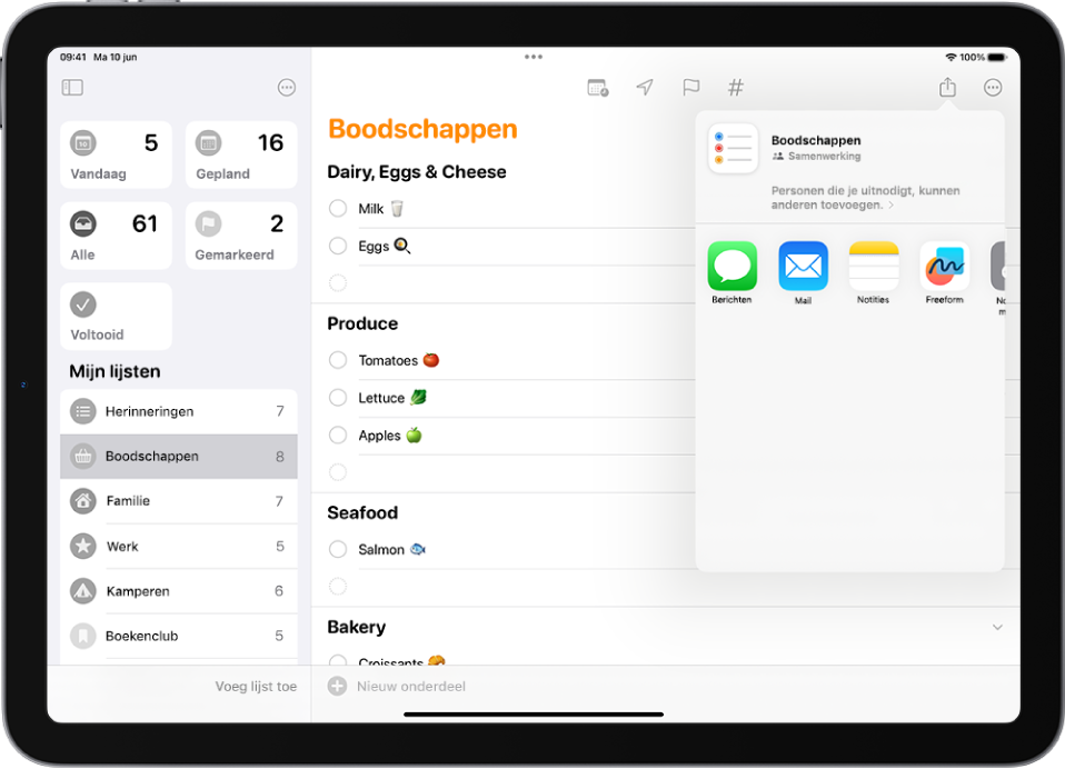 De Herinneringen-app met een boodschappenlijst en aan de rechterkant deelopties.