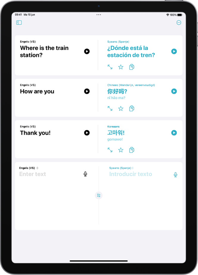 Het tabblad 'Vertaling', met Engelse zinnen die naar het Spaans, het Mandarijn en het Koreaans zijn vertaald.