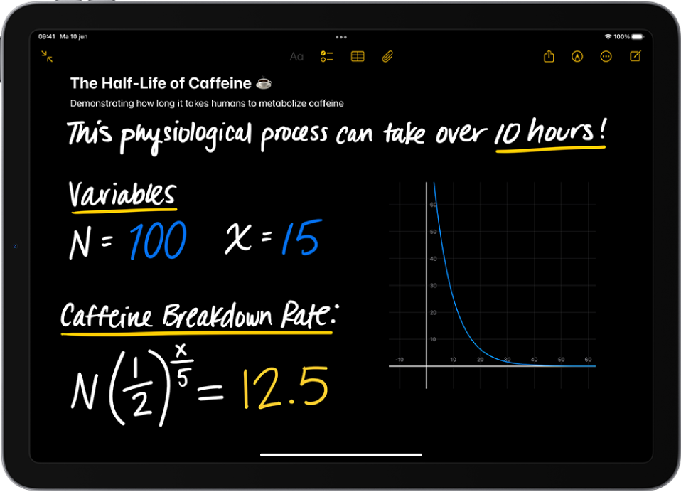 Wiskundenotities in Rekenmachine op de iPad met gedeclareerde variabelen, een vergelijking en een grafiek.