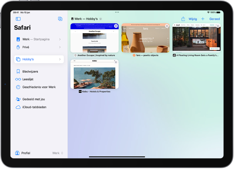 Verschillende tabbladgroepen worden weergegeven in Safari. Eén tabbladgroep is geselecteerd en er zijn voorvertoningen van zes geopende tabbladen zichtbaar.