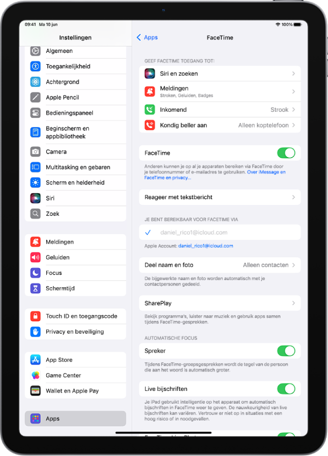 Het scherm met FaceTime-instellingen, met de regelaar om FaceTime in of uit te schakelen en de Apple Account die voor FaceTime wordt gebruikt.