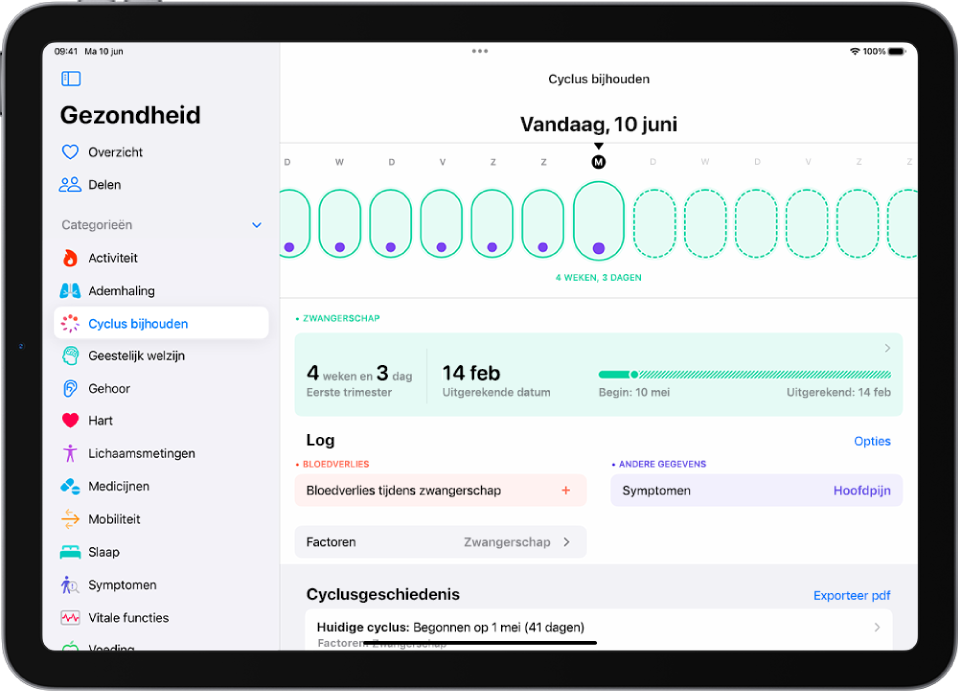 Het scherm 'Cyclus bijhouden', met boven in het scherm een zwangerschapstijdbalk van een week. Lichtgroene ovalen en paarse stippen markeren de eerste zeven dagen op de tijdbalk. De andere dagen op de tijdbalk zijn gemarkeerd met gearceerde lichtgroene ovalen. Onder de tijdbalk staat het zwangerschapsoverzicht met de zwangerschapsduur, begindatum en geschatte uitgerekende datum. Onder het zwangerschapsoverzicht zie je opties voor het toevoegen van gegevens over onder andere bloedverlies tijdens de zwangerschap en symptomen.