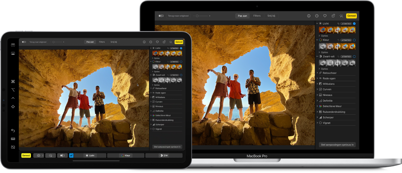 Een Mac-scherm naast een iPad-scherm. Op beide schermen zie je een venster van een fotobewerkingsapp.