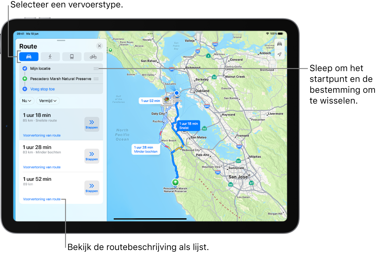 Een kaart met diverse mogelijke routes voor een routebeschrijving tussen 'Mijn locatie' en een bestemming.