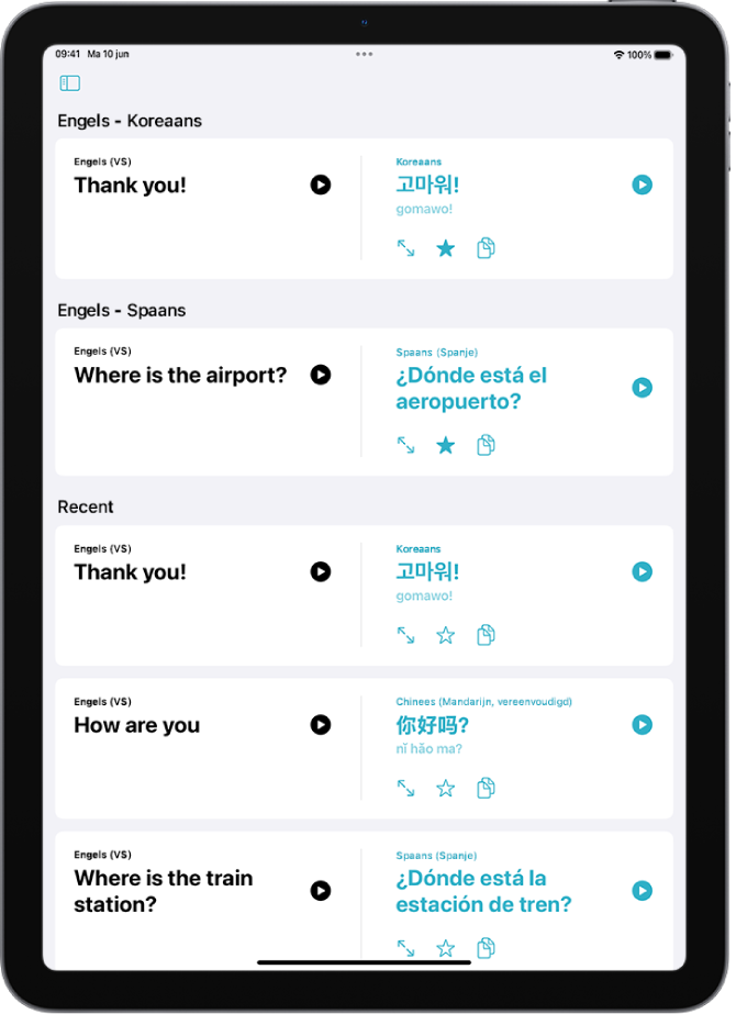 Het tabblad 'Favorieten', met bewaarde Engelse zinnen die naar het Koreaans en het Spaans zijn vertaald. Onder 'Recent' staan onlangs vertaalde zinnen.