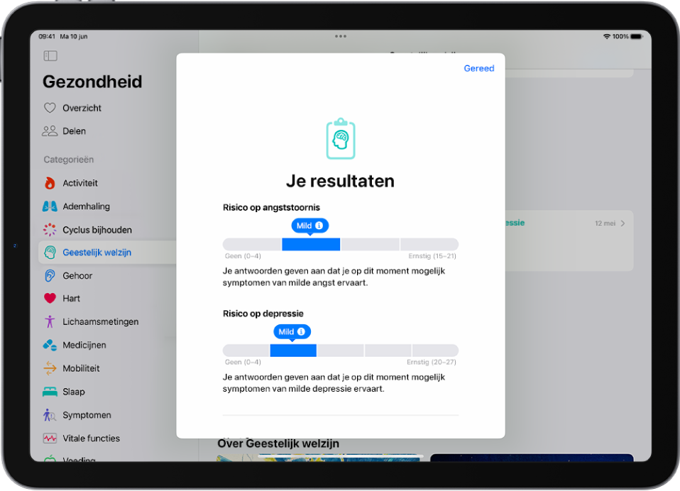 Een scherm in de Gezondheid-app met de resultaten van een vragenlijst over geestelijke gezondheid.