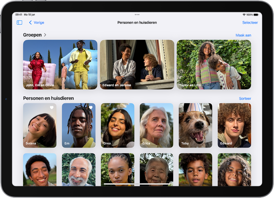 Het scherm 'Personen en huisdieren' in de Foto's-app. Boven in het scherm staat een rij met groepen en daaronder staan afzonderlijke personen en huisdieren.