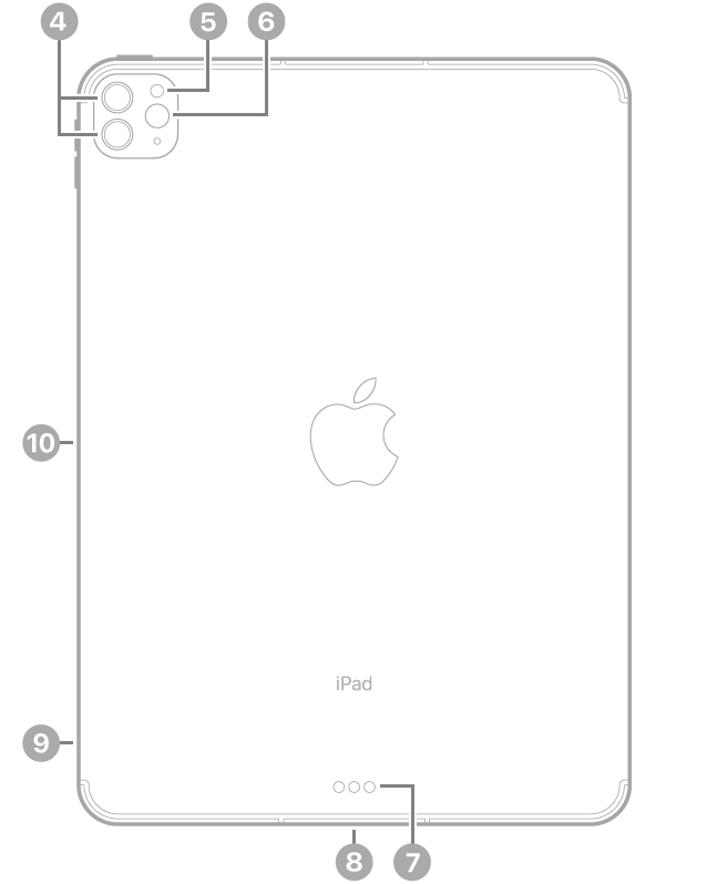 Achterkant van de iPad Pro met bijschriften voor de camera's aan de achterkant en de flitser linksbovenin, de Smart Connector en Thunderbolt-/USB 4-connector in het midden aan de onderkant, de simkaarthouder (Wi‑Fi + Cellular) linksonderin en de magnetische connector voor de Apple Pencil aan de linkerkant.