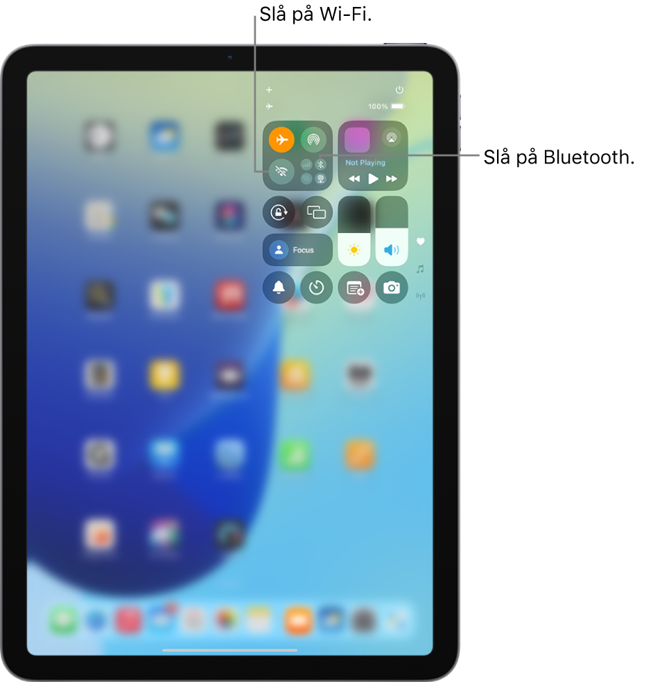 Kontrollsenter på iPad, som viser at flymodus er slått på. Knappene for å slå på Wi‑Fi og Bluetooth vises nær toppen av skjermen til venstre i Kontrollsenter.
