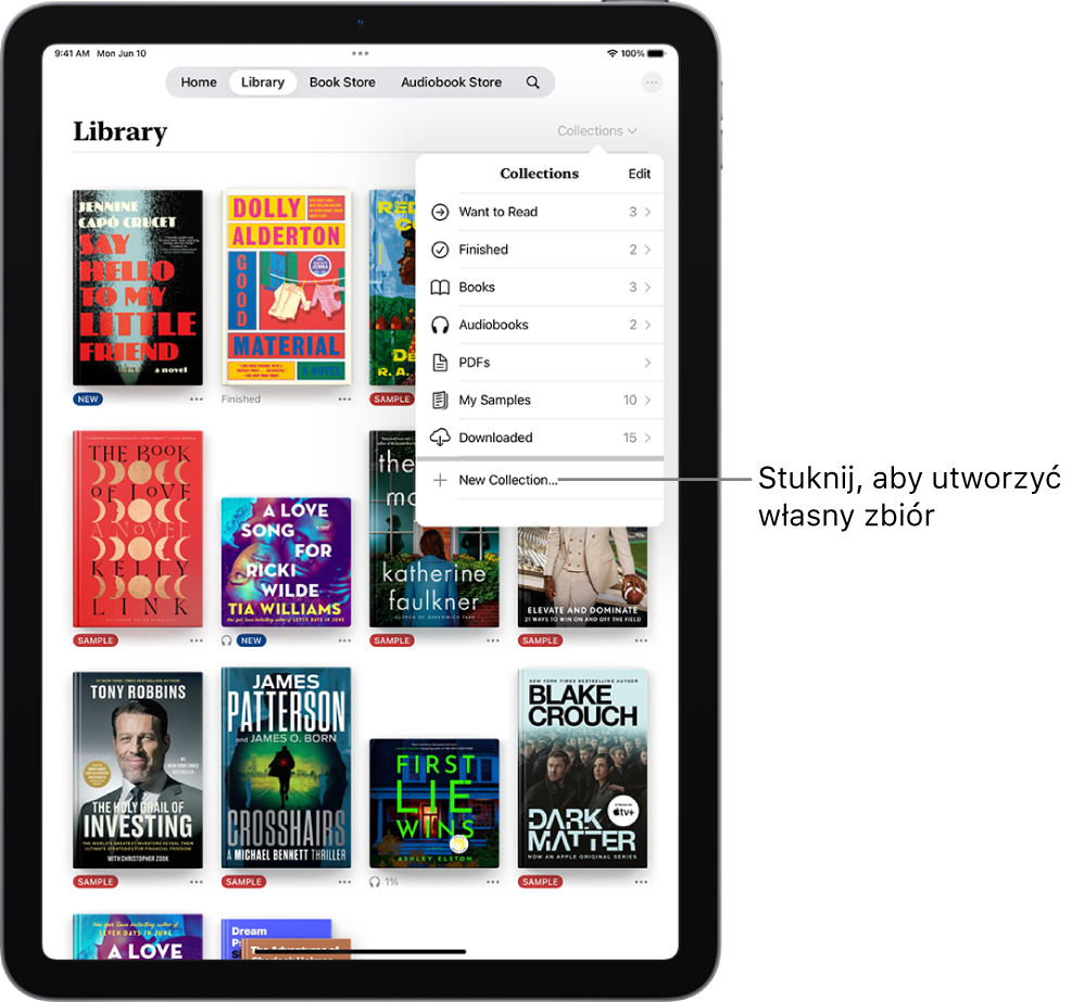 Ekran Biblioteka w aplikacji Książki. U góry ekranu widoczne jest otwarte menu Zbiory, zawierające takie pozycje, jak Audiobooki oraz Pliki PDF.