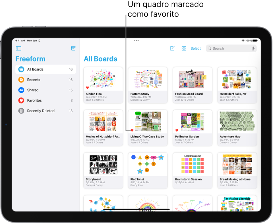 O Freeform está aberto no iPad. A opção Todos os Quadros está selecionada na barra lateral e miniaturas de quadros aparecem à direita.