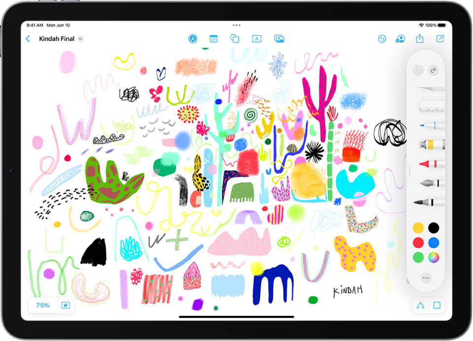 Um iPad com o app Freeform e o menu de ferramentas de desenho do app aberto. O quadro inclui manuscrito e desenhos.