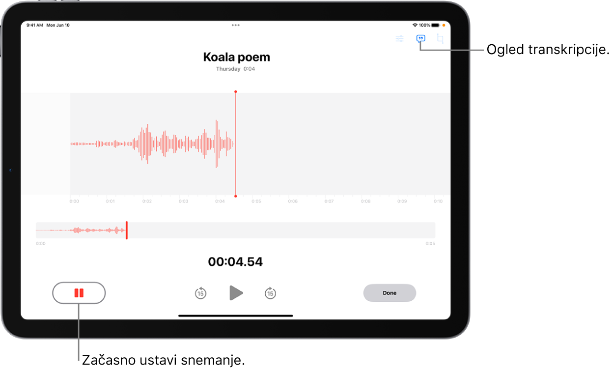 Posnetek glasovne beležke, ki prikazuje valovno obliko posnetka, ki poteka, skupaj z indikatorjem časa, gumbom za premor snemanja in gumbom za ogled transkripcije.